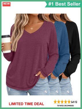 Plus Size Long Sleeve V Neck T-Shirt Loose Fit Basic Casual Top